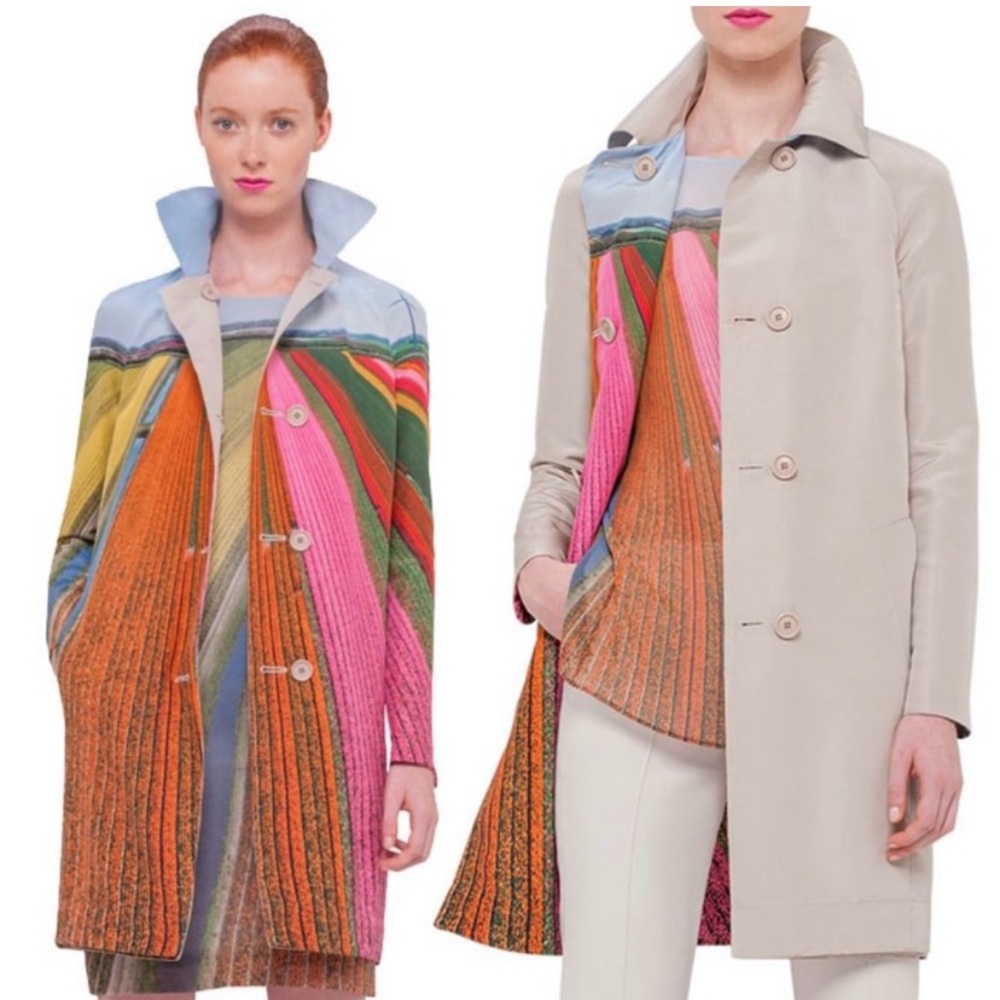 AKRIS Dame Reversible Silk-taffeta Trench Coat Tulip Field Size 10.
